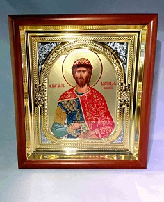 Икона св. блг. князь Александр Невский в деревянном окладе (25,5х28,5см)